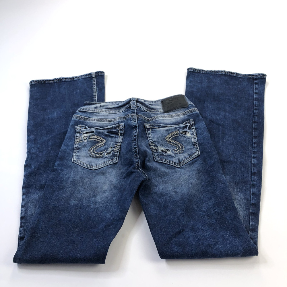 Silver Jeans Suki Mid Flare 27x34(Fits 27W 33L) Low Rise Distressed Denim Blue